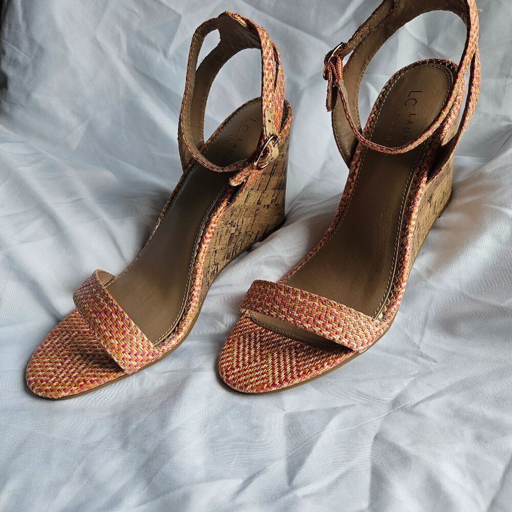 LC Lauren Conrad Pink & Orange Woven Wedge sandals size‎ 9.5